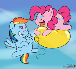 Size: 3110x2814 | Tagged: safe, artist:rupertbluefox, derpibooru exclusive, pinkie pie, rainbow dash, earth pony, pegasus, pony, balloon, balloon riding, chibi, cute, dashabetes, diapinkes, duo, duo female, female, floating, flying, happy, lying down, motion lines, prone, signature, sky, smiling, that pony sure does love balloons, then watch her balloons lift her up to the sky, tongue out