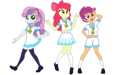 Size: 5698x3543 | Tagged: safe, alternate version, artist:gmaplay, apple bloom, scootaloo, sweetie belle, human, equestria girls, g4, alternate design, clothes, cutie mark crusaders, simple background, socks, thigh highs, transparent background, trio