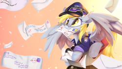Size: 1920x1080 | Tagged: safe, artist:sketchiix3, derpy hooves, pegasus, pony, :3, cap, clothes, female, hat, letter, mail, mailbox, mailmare, mailmare hat, mare, mouth hold, solo, spread wings, uniform, wings