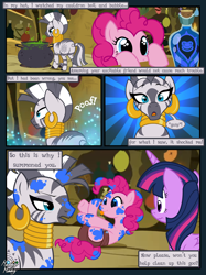 Size: 2048x2732 | Tagged: safe, artist:mommymidday, pinkie pie, twilight sparkle, zecora, alicorn, earth pony, pony, zebra, g4, adult foal, bags under eyes, butt, cauldron, comic, dialogue, diaper, drool, gasp, high res, mental regression, messy, monologue, non-baby in diaper, plot, potion, rhyme, safety pin, shocked, show accurate, swirly eyes, talking, tongue out, twilight sparkle (alicorn), zecora's hut