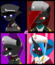 Size: 2296x2732 | Tagged: safe, changeling, equestria at war mod, blue eyes, bust, clothes, glowing, glowing eyes, hair, hat, high res, military, pink eyes, portrait, red changeling, red eyes, uniform, war