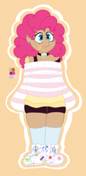 Size: 796x1634 | Tagged: safe, artist:dsstoner, pinkie pie, human, g4, choker, clothes, color palette, ear piercing, earring, humanized, jewelry, piercing, shoes, skirt, sneakers, solo, sticker, sweater, tan skin, tank top, tattoo, tongue out