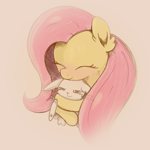 Size: 1000x1000 | Tagged: safe, artist:candy meow, angel bunny, fluttershy, pegasus, pony, rabbit, ^^, animal, blushing, duo, ear fluff, eyes closed, female, floppy ears, grumpy, hug, hug from behind, male, mare, simple background