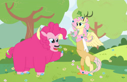 Size: 2949x1916 | Tagged: safe, artist:mlp-headstrong, fluttershy, pinkie pie, draconequus, yak, draconequified, duo, female, flutterequus, pinkie yak, species swap, yakified