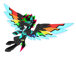 Size: 2000x1500 | Tagged: safe, artist:chvrchgrim, oc, oc only, oc:krypt, pony, augmented, black sclera, colored wings, cyber legs, cybernetic wings, cyberpunk, design, leaning back, male, multicolored hair, multicolored wings, neon, no shading, redesign, solo, spread wings, stallion, visor, wings, wip