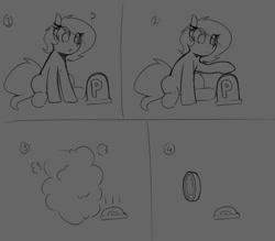 Size: 975x856 | Tagged: safe, artist:lockheart, oc, oc only, oc:lockie, earth pony, pony, button, coin, comic, eye clipping through hair, female, gray background, grayscale, mare, monochrome, question mark, simple background, solo, super mario bros.