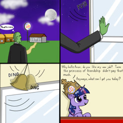 Size: 824x828 | Tagged: safe, artist:nismorose, twilight sparkle, oc, oc:anon, alicorn, human, g4, 4 panel comic, 4chan, bell, burger king, chest fluff, cloud, comic, crown, ear fluff, eye clipping through hair, female, hand, horn, house, indoors, jewelry, male, mare, meme, moon, outdoors, regalia, speech, speech bubble, starry night, talking, text, twilight sparkle (alicorn)