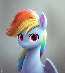 Size: 1800x2000 | Tagged: safe, artist:luminousdazzle, rainbow dash, pegasus, pony, g4, abstract background, backlighting, beautiful, bust, depth of field, detailed coat, detailed shading, eyebrows, eyelashes, female, fluffy, lighting, looking at you, magenta eyes, mare, multicolored hair, partially open wings, portrait, rainbow hair, semi-realistic, shading, signature, sitting, smiling, solo, wings