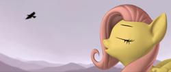 Size: 3840x1607 | Tagged: safe, artist:charismatic pony, fluttershy, bird, pegasus, pony, g4, 2.39:1, 3d, cinemascope, depth of field, ears, eyebrows, eyes closed, folded wings, high res, hill, looking left, mountain, open mouth, pink mane, revamped ponies, singing, sky, solo, source filmmaker, standing, wings, yellow skin