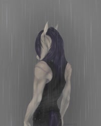 Size: 1600x2000 | Tagged: safe, artist:dementra369, oc, oc only, oc:coffin, anthro, clothes, male, rain, scar, solo, wet, wet clothes, wet mane