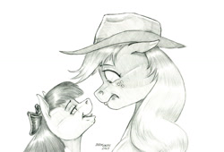 Size: 1473x1000 | Tagged: safe, artist:baron engel, apple bloom, applejack, earth pony, pony, g4, apple bloom's bow, apple sisters, applejack's hat, bow, cowboy hat, female, filly, foal, hair bow, hat, mare, monochrome, pencil drawing, siblings, sisters, story included, traditional art