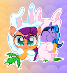 Size: 1159x1250 | Tagged: safe, artist:spellboundcanvas, izzy moonbow, sunny starscout, earth pony, pony, unicorn, g5, animal costume, bunny costume, bunny starscout, carrot, chewing, chibi, clothes, costume, cute, daaaaaaaaaaaw, duo, duo female, eating, female, food, herbivore, izzybetes, mare, smol, sunny bunny, sunnybetes, weapons-grade cute