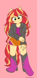 Size: 976x2048 | Tagged: safe, artist:leo19969525, sunset shimmer, human, equestria girls, g4, cute, ears, female, green eyes, looking at you, pink background, ponied up, shimmerbetes, simple background, solo