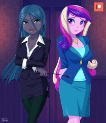 Size: 1000x1165 | Tagged: safe, artist:uotapo, dean cadance, princess cadance, queen chrysalis, human, equestria girls, g4, arm behind back, breasts, cleavage, clothes, ear piercing, earring, equestria girls-ified, fangs, jacket, jewelry, necklace, open mouth, pencil skirt, piercing, riding crop, skirt