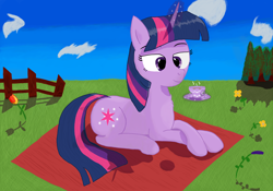 Size: 4724x3307 | Tagged: safe, artist:raritymylove, derpibooru exclusive, twilight sparkle, pony, unicorn, g4, cloud, cup, female, fence, flower, magic, mare, picnic, pine tree, solo, teacup, tree, unicorn twilight