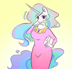 Size: 1017x964 | Tagged: safe, artist:smirk, princess celestia, alicorn, anthro, clothes, cute, cutelestia, dress, female, hand on hip, mare, pink dress, simple background, solo, yellow background