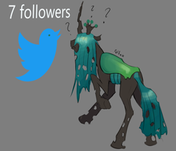 Size: 2510x2162 | Tagged: safe, artist:felfox, queen chrysalis, changeling, changeling queen, g4, crown, female, gray background, high res, jewelry, meta, question mark, raised hoof, regalia, simple background, solo, twitter
