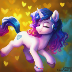 Size: 2030x2030 | Tagged: safe, ai assisted, ai content, artist:jewellier, generator:purplesmart.ai, generator:stable diffusion, izzy moonbow, pony, unicorn, g5, abstract background, eyes closed, floating, heart, high res, solo, sunlight
