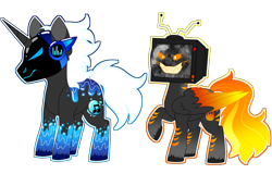 Size: 5994x3827 | Tagged: safe, artist:crazysketch101, oc, oc only, oc:fearbox, oc:monsoon, cyborg, pegasus, pony, protogen, unicorn, duo, object head, ponified, simple background, television, transparent background
