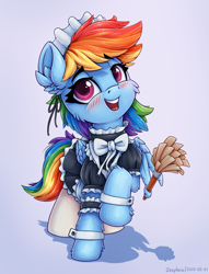 Size: 1375x1800 | Tagged: safe, artist:zeepheru_pone, rainbow dash, pegasus, pony, blushing, bow, cheek fluff, clothes, cute, dashabetes, duster, ear fluff, eyebrows, eyebrows visible through hair, female, looking at you, maid, maid headdress, mare, rainbow dash always dresses in style, rainbow maid, simple background, smiling, solo, stockings, thigh highs, wing hold, wings