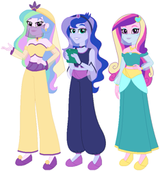 Size: 647x690 | Tagged: safe, artist:elsie1234, dean cadance, princess cadance, princess celestia, princess luna, principal celestia, vice principal luna, human, equestria girls, g4, arabian, base used, belly dancer, belly dancer outfit, clothes, dress, female, simple background, trio, trio female, veil, white background