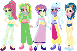 Size: 904x594 | Tagged: safe, artist:elsie1234, indigo zap, lemon zest, sour sweet, sugarcoat, sunny flare, human, equestria girls, g4, arabian, base used, belly dancer, belly dancer outfit, clothes, dress, female, group, quintet, shadow five, simple background, singing belly dancing rainbooms, veil, white background