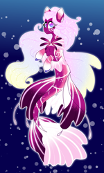 Size: 3717x6207 | Tagged: safe, artist:crazysketch101, oc, oc only, merpony, pony, sea pony, seapony (g4), absurd resolution, blue background, bubble, chest fluff, digital art, dorsal fin, female, fin wings, fins, fish tail, flowing mane, flowing tail, looking at you, mare, ocean, purple eyes, simple background, smiling, smiling at you, solo, swimming, tail, underwater, water, wings