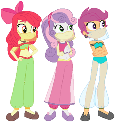 Size: 454x481 | Tagged: safe, artist:elsie1234, apple bloom, scootaloo, sweetie belle, human, equestria girls, g4, arabian, base used, belly button, belly dancer, belly dancer outfit, clothes, cutie mark crusaders, dress, female, simple background, trio, trio female, veil, white background