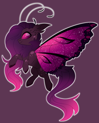 Size: 4048x5064 | Tagged: safe, artist:crazysketch101, oc, oc only, butterfly, changeling, insect, pony, ear fluff, purple background, purple changeling, simple background, solo