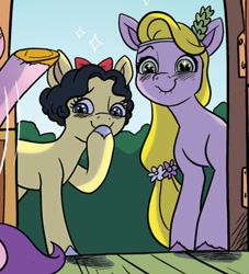 Size: 826x910 | Tagged: safe, idw, official comic, pipp petals, earth pony, pegasus, pony, g5, spoiler:comic, spoiler:g5, spoiler:g5comic, spoiler:g5comic09, cropped, cute, disney, disney princess, duo focus, female, g5 collapse of disney, laughingmares.jpg, mare, rapunzel, snow white, sparkly eyes, trio, unnamed character, unnamed pony, unshorn fetlocks, wingding eyes