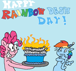 Size: 802x740 | Tagged: safe, artist:dragonboi471, artist:rainbowdashsmailbag, pinkie pie, rainbow dash, earth pony, pegasus, pony, g4, birthday cake, birthday candles, blue background, cake, candle, cyan background, duo, duo female, female, fire, food, hat, holding, party hat, rainbow dash day, simple background, text