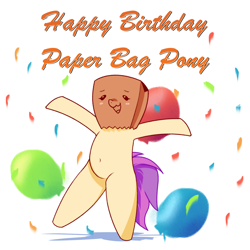 Size: 2480x2480 | Tagged: safe, artist:darmetyt, oc, oc:paper bag, earth pony, pony, balloon, belly button, bipedal, birthday, confetti, cute, happy, high res, ocbetes, open mouth, open smile, smiling