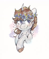 Size: 2779x3355 | Tagged: safe, artist:lightisanasshole, oc, oc only, oc:dorm pony, kirin, pony, unicorn, blushing, brown mane, bust, floral head wreath, flower, flower in hair, high res, horn, purple eyes, simple background, solo, traditional art, unicorn oc, watercolor painting, white background