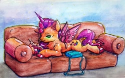 Size: 3010x1896 | Tagged: safe, artist:itssim, sunny starscout, earth pony, pony, g5, bag, cardboard wings, cheek fluff, chest fluff, couch, ear fluff, fake alicorn, fake horn, fake wings, horn, lying down, on couch, prone, reading, saddle bag, solo, traditional art, unshorn fetlocks, wings