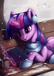 Size: 1500x2100 | Tagged: safe, artist:camyllea, twilight sparkle, alicorn, pony, g4, bench, book, clothes, cup, earmuffs, glowing, glowing horn, horn, lacrimal caruncle, lying down, magic, magic aura, prone, scarf, snow, snowfall, solo, telekinesis, twilight sparkle (alicorn), winter, winter outfit