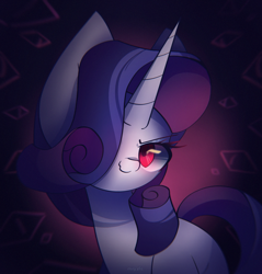 Size: 2100x2200 | Tagged: safe, artist:miryelis, rarity, pony, unicorn, g4, big ears, dark, high res, horn, impossibly large ears, looking at you, one eye closed, red eyes, simple background, smiling, smiling at you, solo
