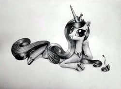 Size: 7504x5496 | Tagged: artist needed, safe, princess cadance, alicorn, pony, crown, folded wings, grayscale, head turn, head turned, hoof shoes, jewelry, looking at you, lying down, monochrome, pencil drawing, peytral, photo, princess shoes, prone, regalia, slim, smiling, solo, thin, traditional art, wings