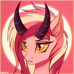 Size: 2000x2000 | Tagged: safe, artist:adagiostring, oc, oc only, pony, bust, commission, commission open, cute, devil horns, female, glowing, headshot commission, high res, horns, looking forward, orange eyes, pink hair, pink mane, portrait, sexy, simple background, solo