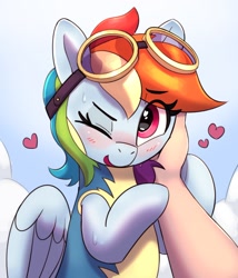 Size: 1274x1491 | Tagged: safe, artist:pabbley, rainbow dash, human, pegasus, pony, g4, blushing, clothes, cute, dashabetes, female, floating heart, goggles, goggles on head, hand, hand on face, heart, human on pony petting, looking at you, mare, offscreen character, one eye closed, petting, pov, smiling, smiling at you, solo focus, sweat, uniform, wonderbolt trainee uniform