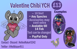 Size: 3196x2028 | Tagged: safe, artist:rokosmith26, oc, oc only, oc:blueberry moon, oc:double deck, bat pony, earth pony, pony, :p, advertisement, advertising, any gender, any race, any species, bat pony oc, bat wings, big eyes, blue tongue, blushing, chibi, coat markings, commission, cute, description is relevant, earth pony oc, eye clipping through hair, fangs, female, filly, foal, forked tongue, freckles, front view, gradient background, gradient mane, hair over one eye, heart, hearts and hooves day, high res, holding, holiday, long hair, long mane, looking at you, mare, markings, red eyes, short hair, short mane, smiling, smiling at you, socks (coat markings), spread wings, text, tongue out, underhoof, valentine's day, wall of tags, watermark, wings, ych example, yellow eyes, your character here