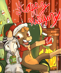Size: 2500x3000 | Tagged: safe, artist:skunkstripe, ribbon (tfh), shanty (tfh), goat, zebra, art pack:hooves n' holidays, them's fightin' herds, alcohol, beard, candy, candy cane, chair, christmas, christmas stocking, christmas tree, clothes, cloven hooves, community related, drinking, facial hair, fire, fireplace, food, gap teeth, happy holidays, hat, high res, holiday, horizontal pupils, horns, lapping, mug, ornaments, santa hat, scarf, tree