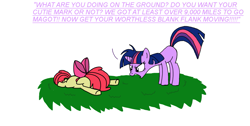 Size: 1583x800 | Tagged: safe, artist:somedigitalartist, apple bloom, twilight sparkle, earth pony, pony, unicorn, g4, apple bloom's bow, blank flank, bow, dialogue, drill instructor, duo, faceplant, female, filly, floppy ears, foal, grass, grass field, hair bow, lying down, mare, marines, missing cutie mark, prone, simple background, sploot, text, unicorn twilight, white background, yelling