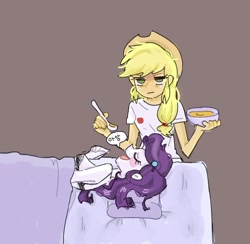 Size: 1104x1079 | Tagged: safe, artist:rainbowjack_, applejack, rarity, equestria girls, bed, blushing, bra, clothes, feeding, food, open mouth, open smile, pillow, smiling, spoon, unamused, underwear