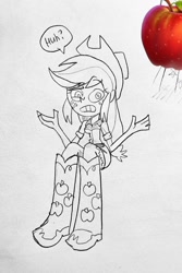 Size: 684x1024 | Tagged: safe, artist:rainbowjack_, applejack, equestria girls, apple, confused, food, frown, looking at you, solo, traditional art