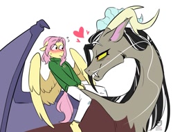 Size: 1025x779 | Tagged: safe, artist:redxbacon, discord, fluttershy, draconequus, pegasus, anthro, g4, antlers, blushing, butterscotch, clothes, duo, eris, female, heart, horns, looking at each other, looking at someone, male, nervous, riding, rule 63, simple background, sweater, wavy mouth, white background