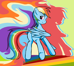 Size: 1206x1082 | Tagged: safe, artist:sallycars, rainbow dash, pegasus, pony, g4, butt, female, looking at you, looking back, looking back at you, mare, ms paint, plot, rainbow dash day, rainbutt dash, smiling, smiling at you, solo