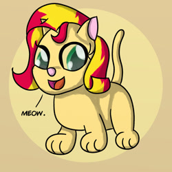 Size: 1280x1280 | Tagged: safe, artist:saburodaimando, sunset shimmer, cat, g4, atg 2020, catified, cute, female, kitten, meow, newbie artist training grounds, nyanset shimmer, onomatopoeia, open mouth, open smile, shimmerbetes, simple background, smiling, solo, species swap, yellow background, younger