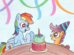 Size: 1200x900 | Tagged: safe, artist:m.w., rainbow dash, scootaloo, pegasus, pony, g4, birthday cake, birthday candles, cake, duo, duo female, female, filly, foal, food, hat, open mouth, party hat, rainbow dash day, rainbow dash's birthday, scootadoption, scootalove, siblings, sisters