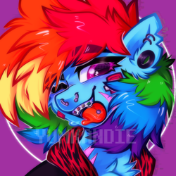 Size: 3500x3500 | Tagged: safe, artist:yumkandie, rainbow dash, pegasus, pony, g4, bandage, braces, bust, cheek fluff, chest fluff, clothes, drool, ear fluff, high res, hoodie, nose piercing, one eye closed, piercing, portrait, scar, septum piercing, solo, tongue out, tongue piercing, watermark, wingding eyes, wink