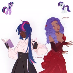 Size: 2048x2048 | Tagged: safe, alternate version, artist:cryweas, rarity, twilight sparkle, alicorn, human, pony, unicorn, g4, alternate hairstyle, asian, bare shoulders, blasian, book, choker, clothes, crying, dark skin, dress, duo, evening gloves, eyeshadow, female, fingerless elbow gloves, fingerless gloves, gloves, high res, humanized, long gloves, magic, makeup, mare, moderate dark skin, nail polish, open mouth, ponytail, shirt, simple background, skirt, sweat, tattoo, twilight sparkle (alicorn), white background